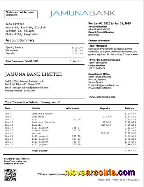 Bangladesh Jamuna Bank statement of account Word and PDF